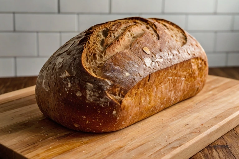 Freshly baked sourdough bread on a wooden cutting board.