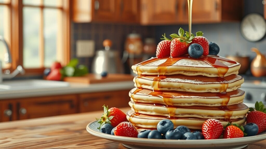 A stack of fluffy Krusteaz pancakes topped with fresh blueberries and strawberries, drizzled with maple syrup