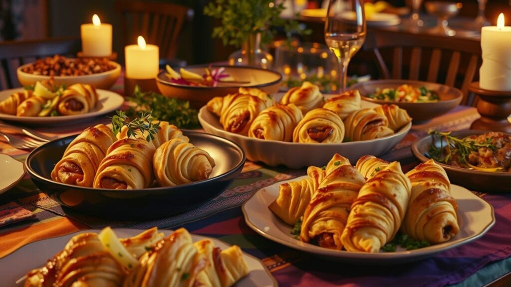 A table with crescent roll dinner recipes featuring cheesy rolls, stuffed crescent rings, and vegetable fillings.  