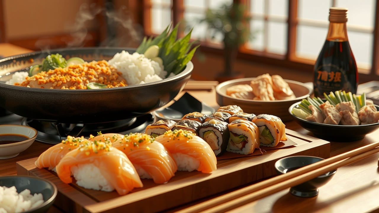 A table filled with Japanese dishes like sushi rolls, miso soup, rice balls, and teriyaki chicken.