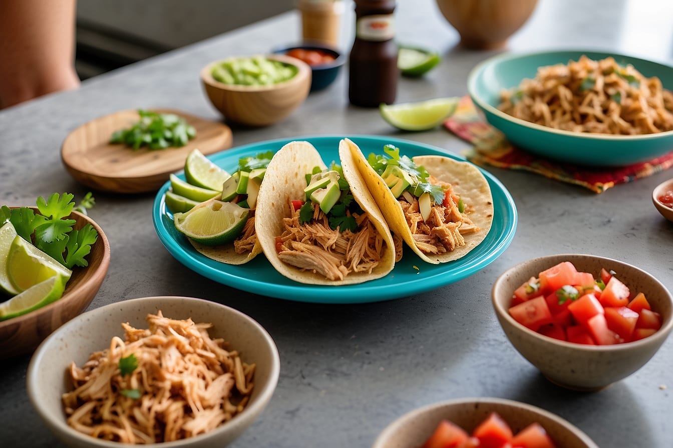 A family eating tacos made with canned shredded chicken and fresh toppings.