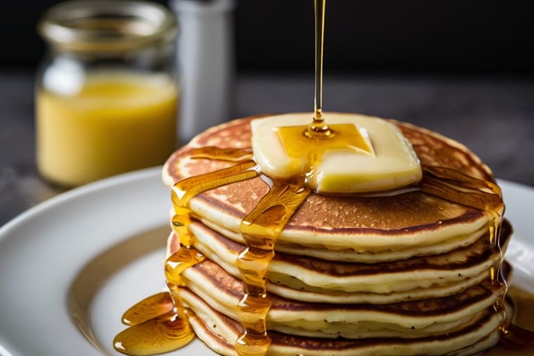 Stack of fluffy restaurant-style pancakes with butter and syrup