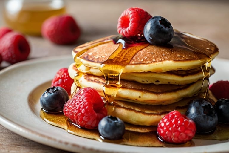 Stack of pancakes with fresh berries and syrup.