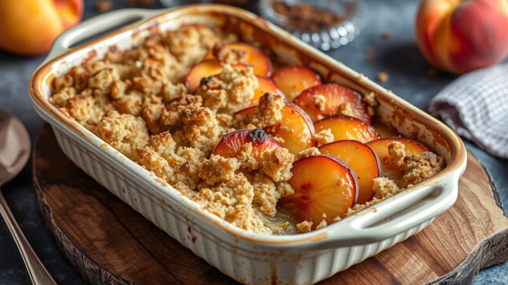 Beautifully baked peach crumble with a golden-brown crumb topping, served in a rustic baking dish.