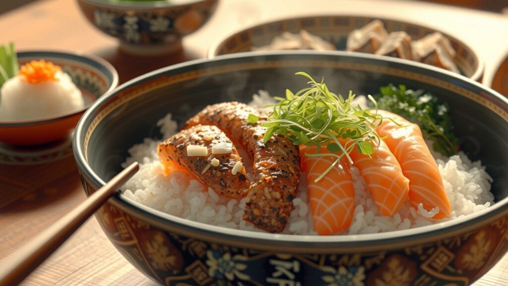 A variety of rice dishes commonly served in Japan.