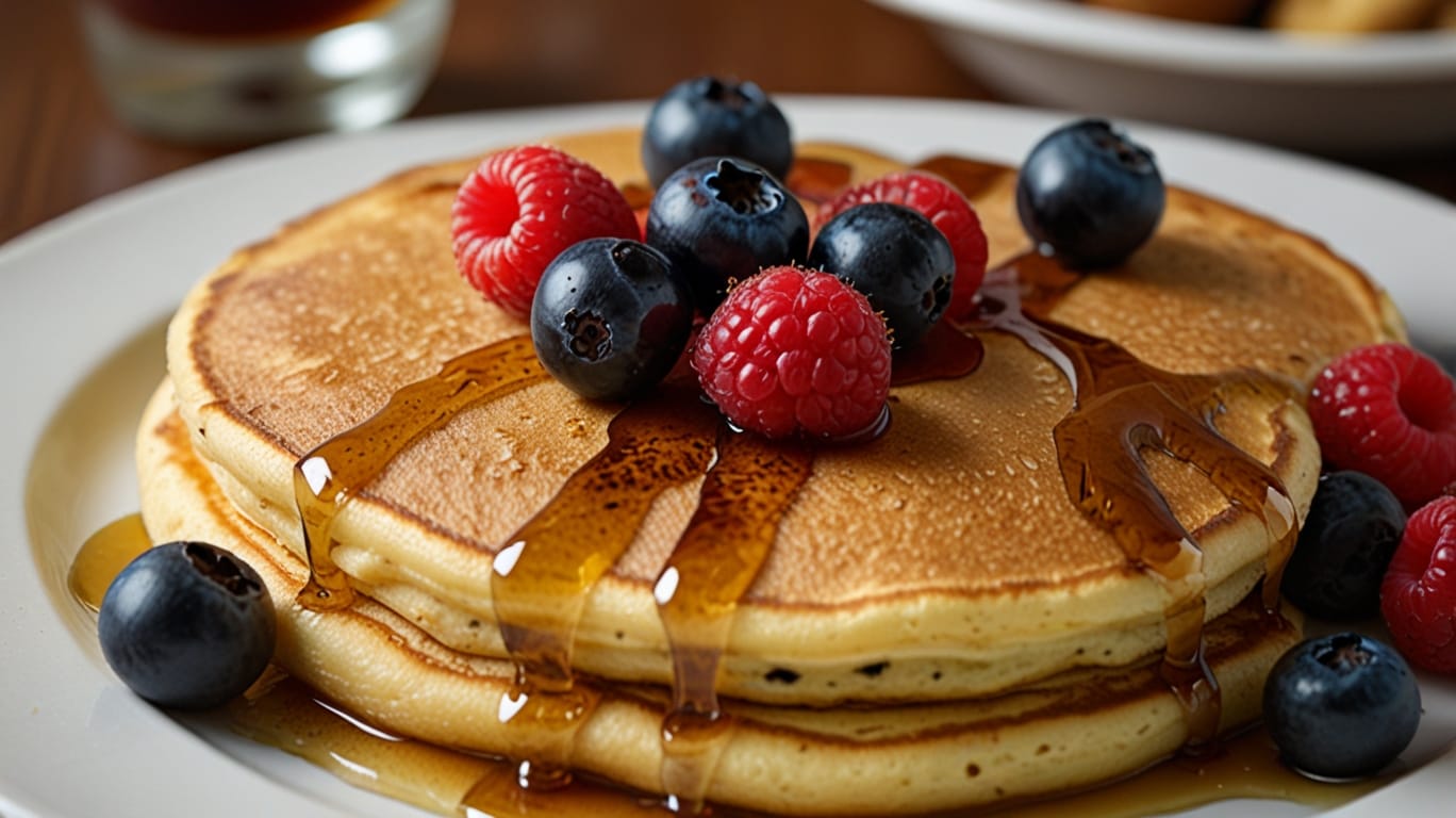 Baked pancakes topped with fresh berries and syrup.