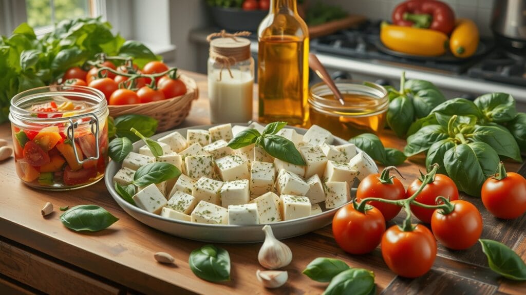 Ingredients for Feta Pasta with Tomatoes, including feta cheese, canned tomatoes, olive oil, and fresh basil on a wooden countertop