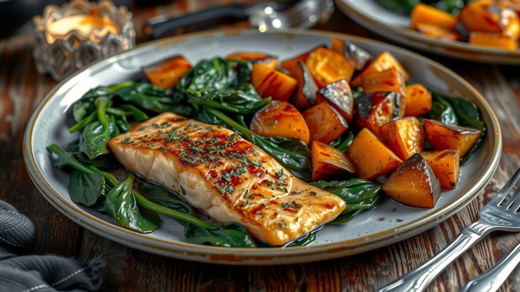 "A nutritious dinner plate with salmon, sweet potatoes, and leafy greens"