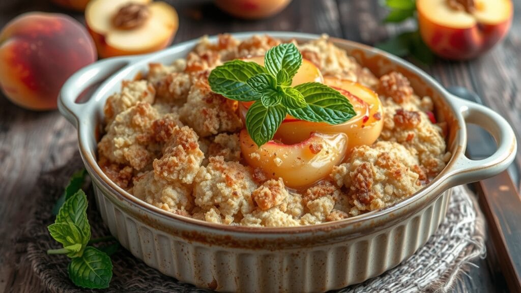 Beautifully baked peach crumble with a golden-brown crumb topping, garnished with fresh mint leaves."