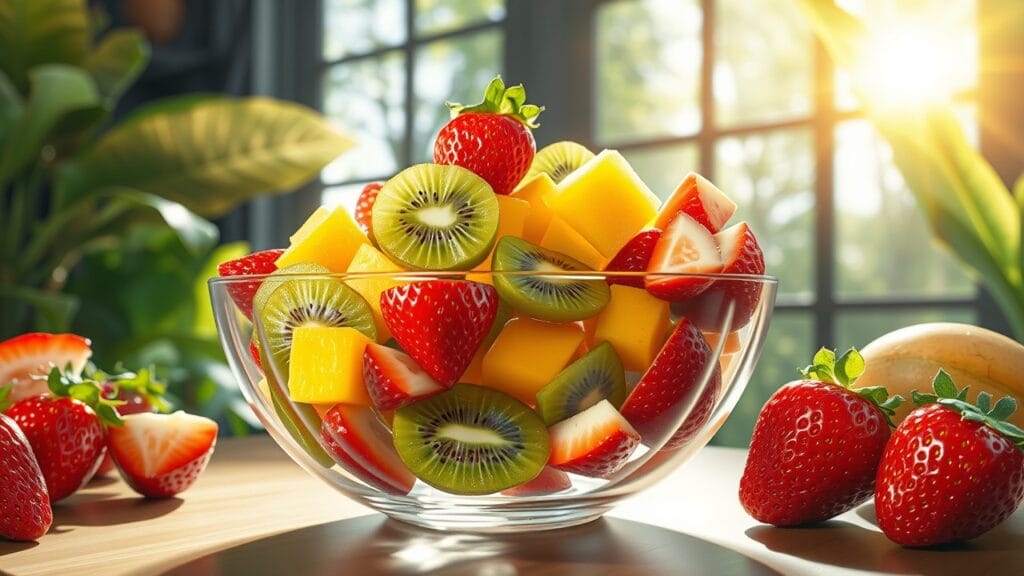 Refreshing summer fruit salad with watermelon, strawberries, blueberries, and mint leaves