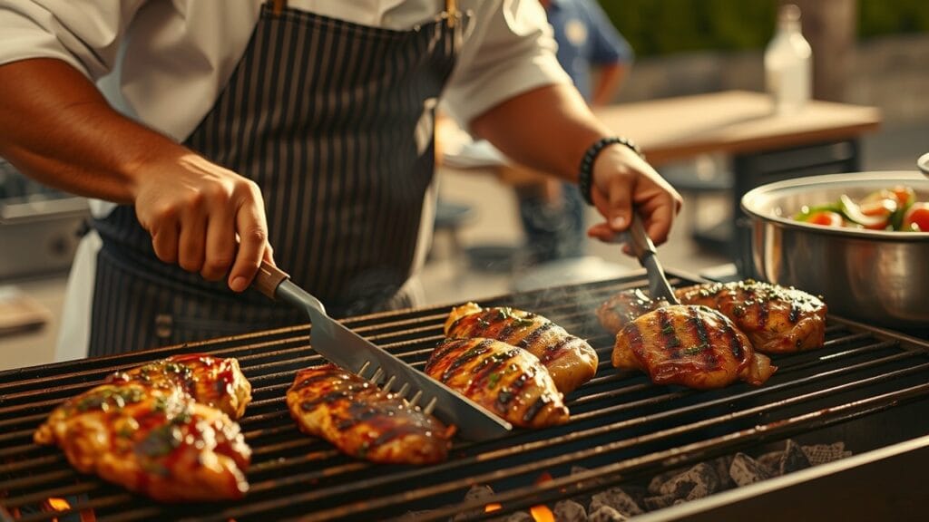 Grilling marinated chicken breasts on a barbecue grill