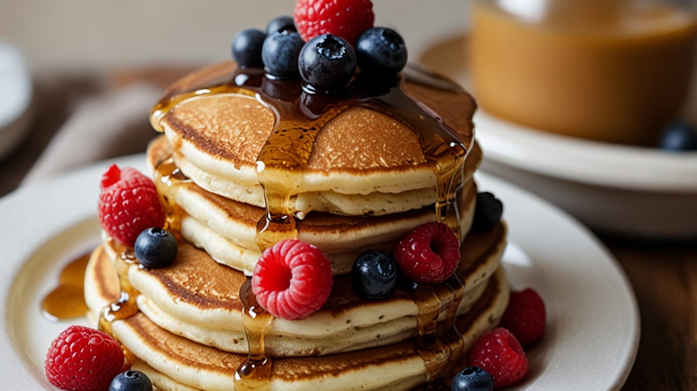 Fluffy pancakes topped with fresh berries and syrup.