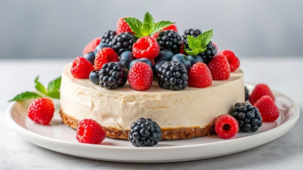 No-bake cheesecake topped with fresh berries