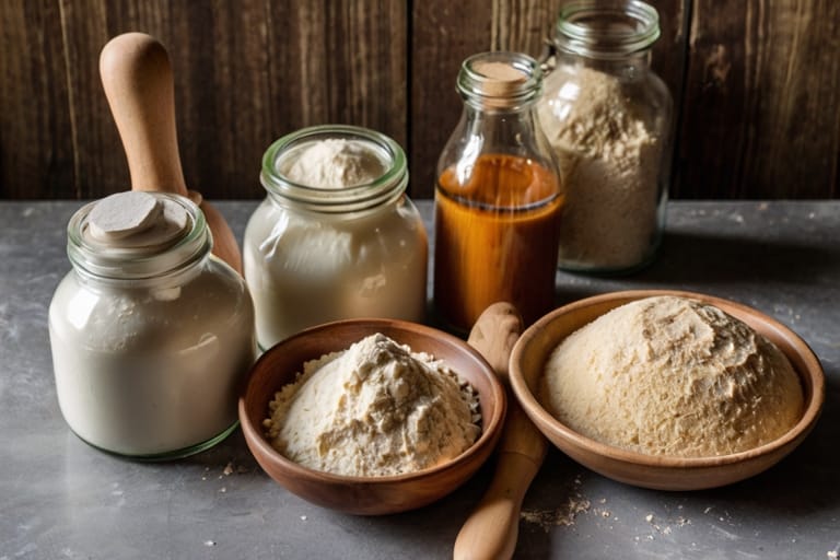 Ingredients and tools for sourdough quick bread.