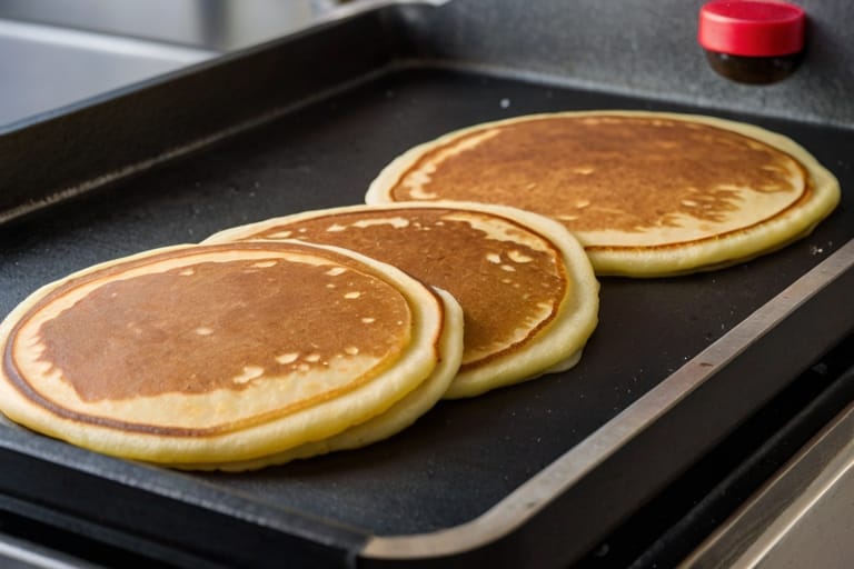Pancakes cooking on a griddle.