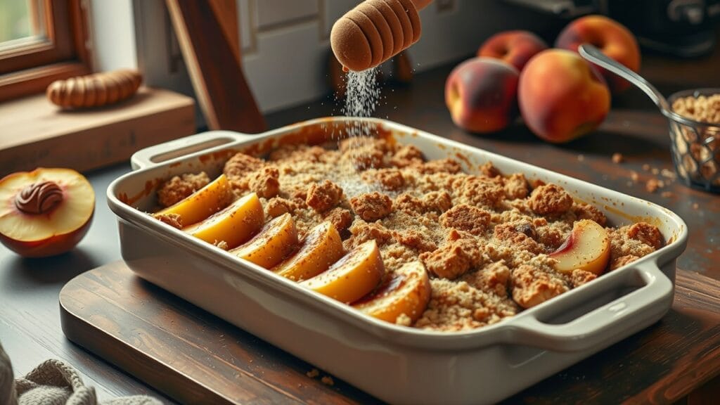 Step-by-step process of making peach crumble, showing preparation of peaches, mixing crumble topping, and assembling in a baking dish."