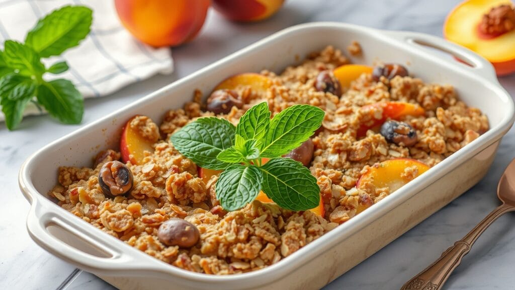 Peach crisp with a crunchy oat topping displayed in a white baking dish with a serving spoon and fresh mint leaves as garnish