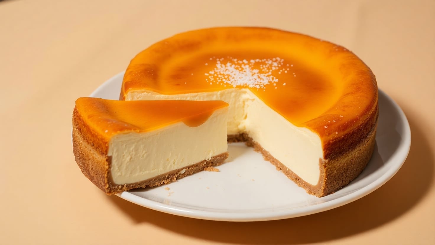 Whole classic cheesecake from The Cheesecake Factory with a slice cut out.