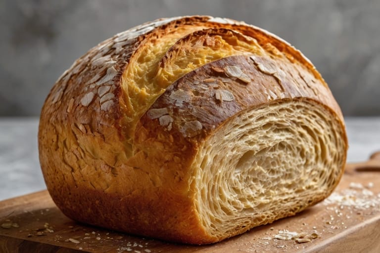 Baked loaf of sourdough bread with a golden crust.