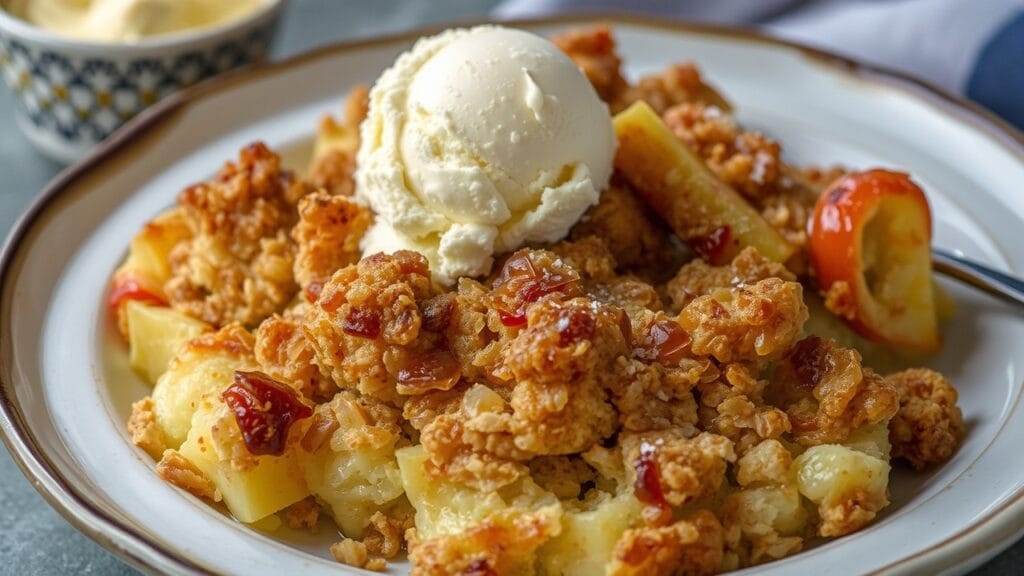 Final baked crumble served with ice cream
