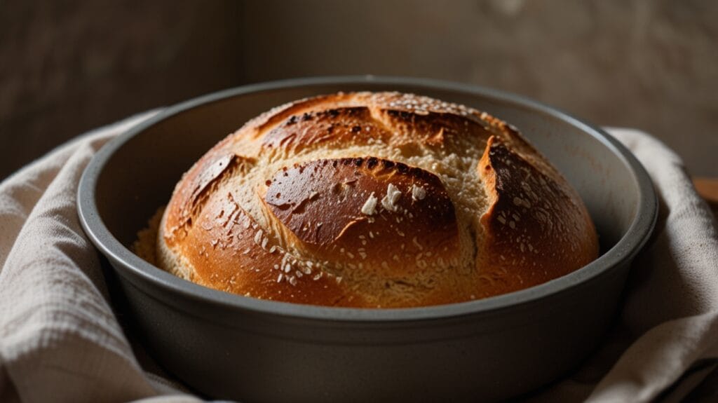 Sourdough loaf baking in a Dutch oven.