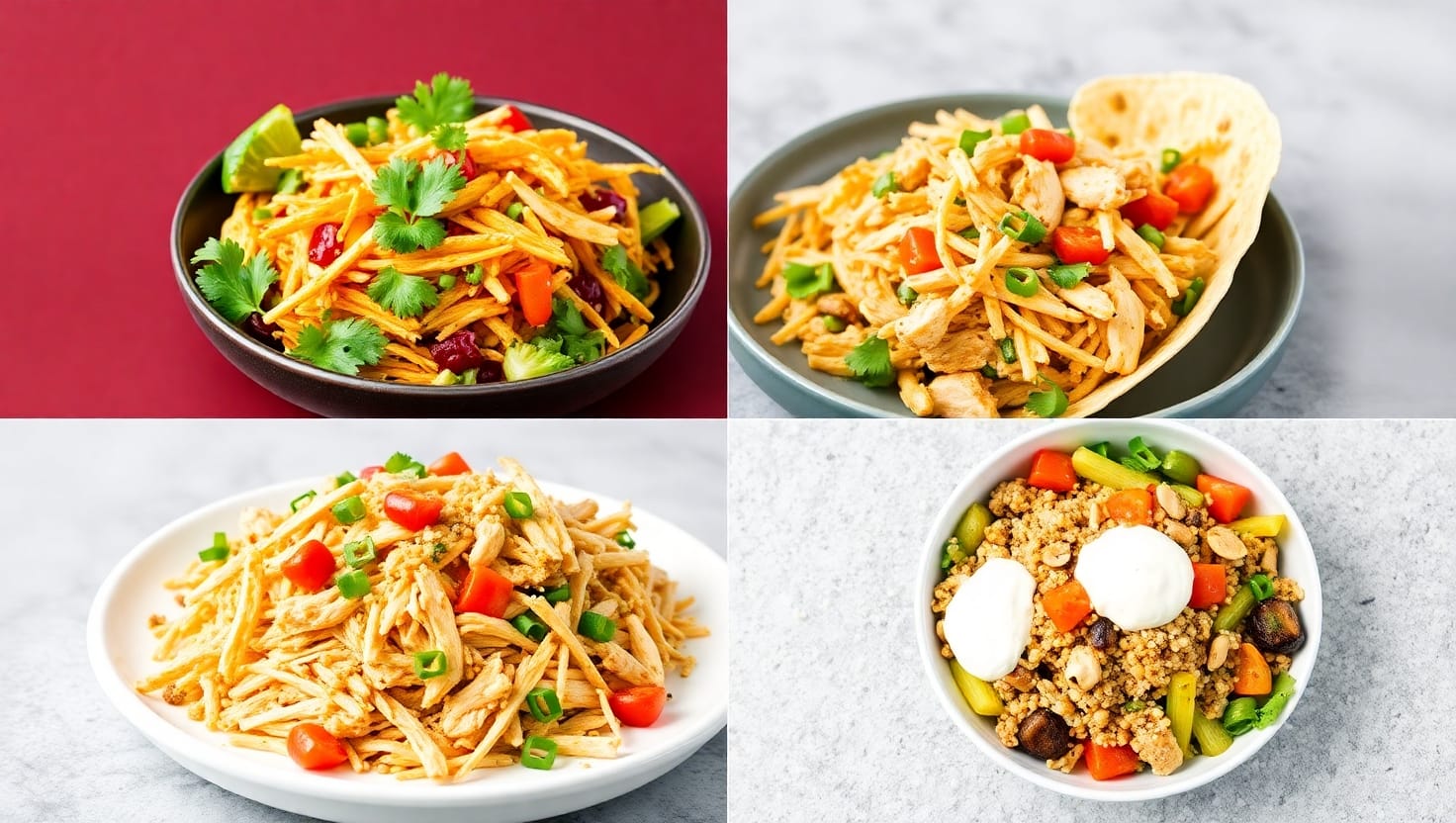 Collage of healthy shredded chicken dishes.