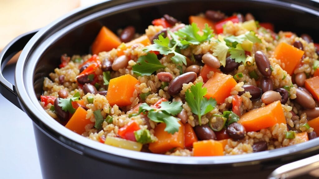 Hearty lentil and quinoa stew in a slow cooker with vegetables.