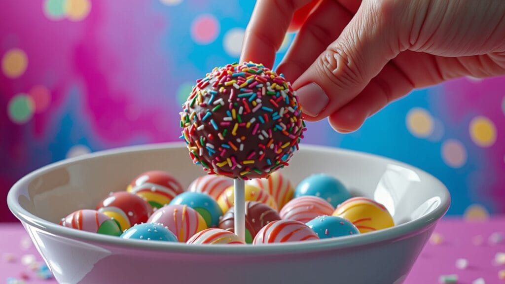 Cake pop being dipped into melted candy coating