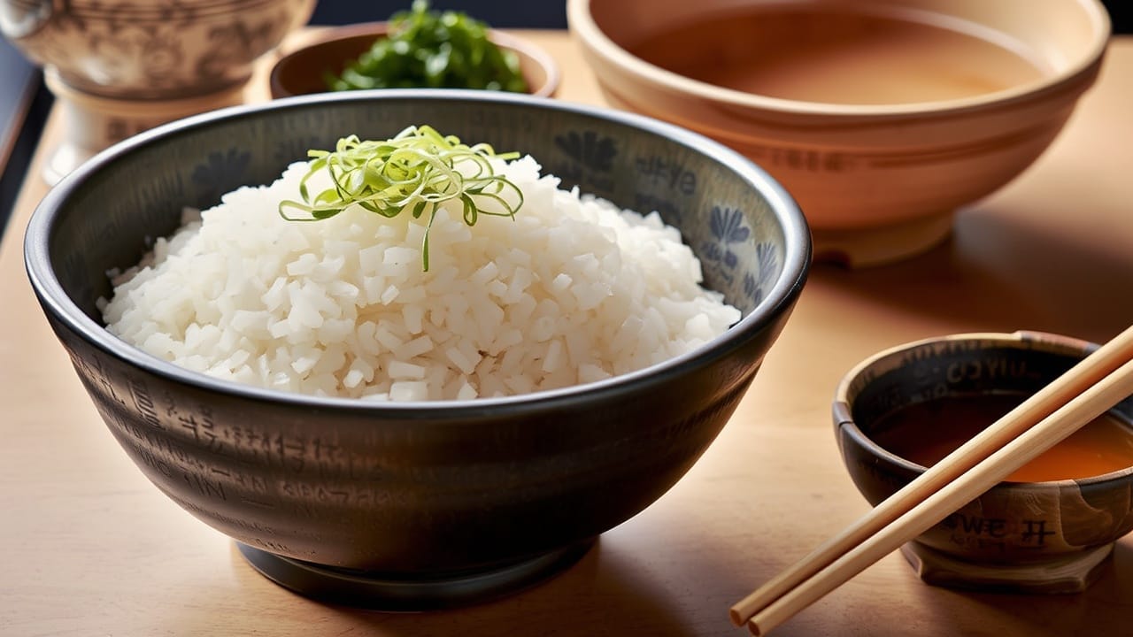 Traditional Japanese rice and miso soup meal.