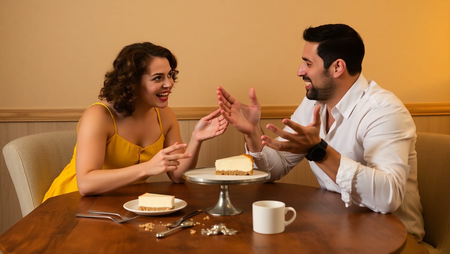 Two people playfully arguing over a slice of cheesecake.