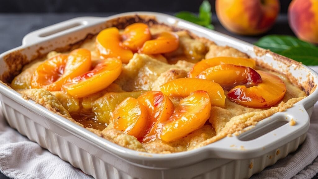 Finished peach cobbler with fresh and canned peaches