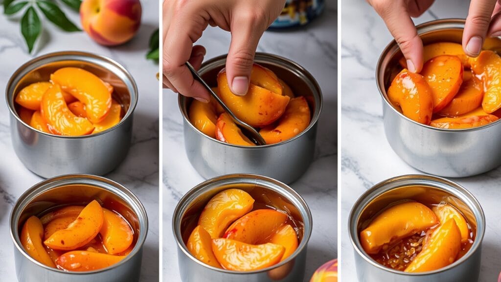 Preparing canned peaches for peach cobbler