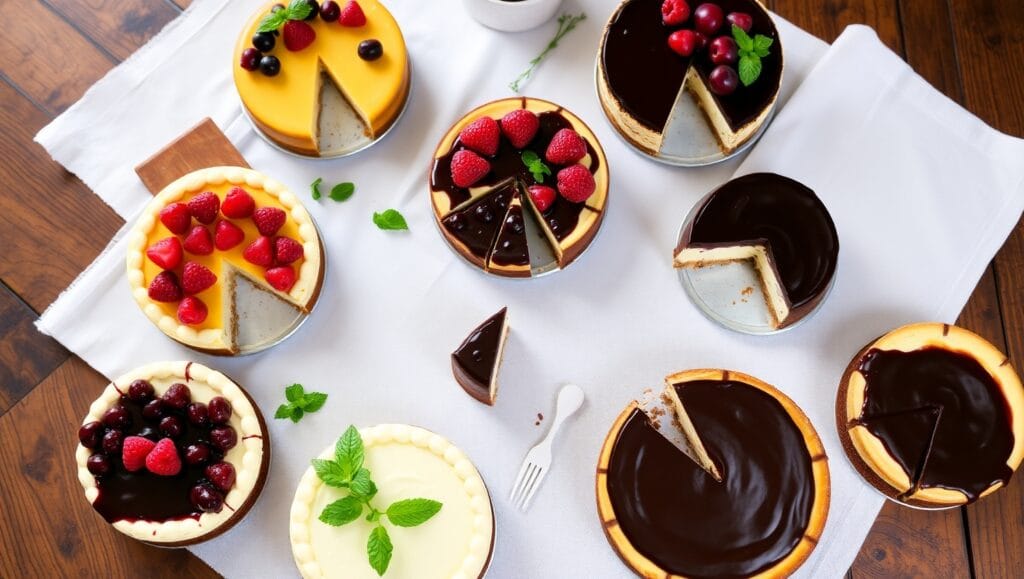 Assortment of different flavored cheesecakes on a table.