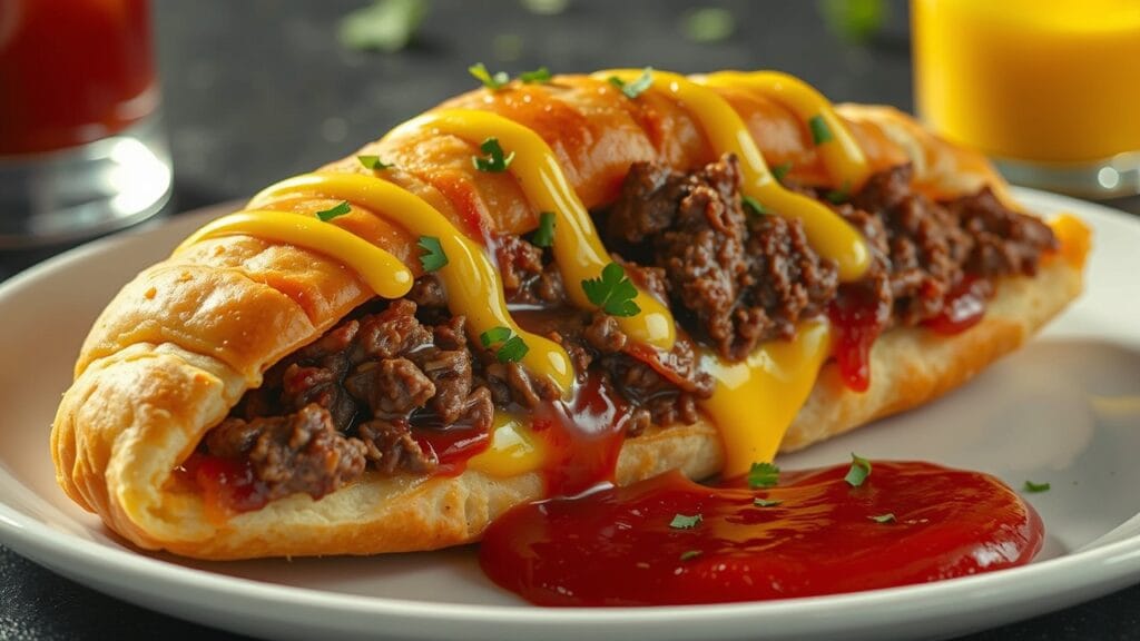 Crescent roll stuffed with ground beef and cheese