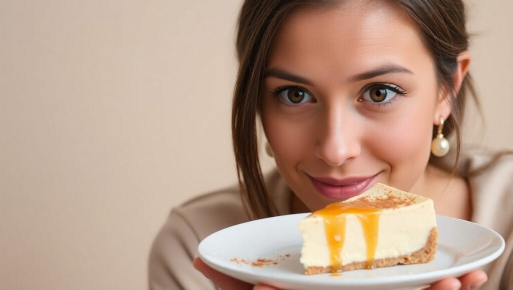 Person looking thoughtfully at a slice of cheesecake.