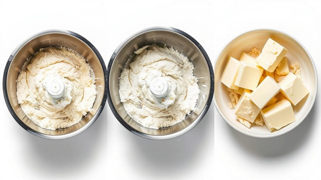 Mixing flour, sugar, and cold butter for cobbler crust dough
