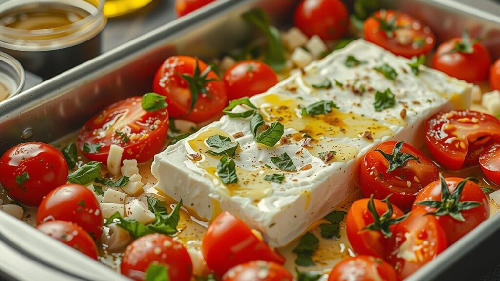 Ingredients for Feta Pasta with Tomatoes, including feta cheese, canned tomatoes, olive oil, and fresh basil on a wooden countertop