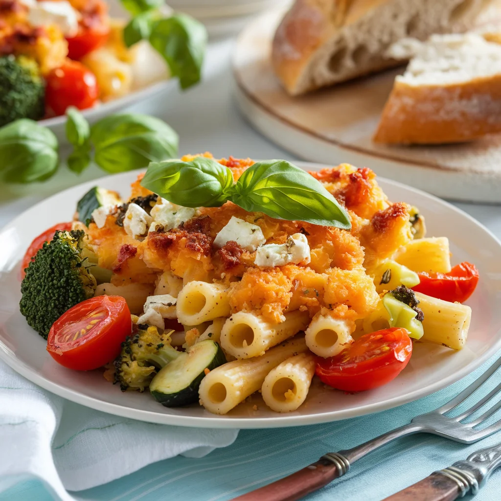Serving the Pasta Creamy baked feta cheese pasta with roasted vegetables