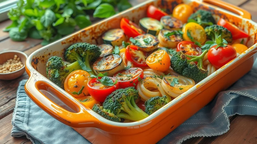 Baked Feta Cheese Pasta with Vegetables Baked feta cheese pasta with colorful vegetables in a baking dish