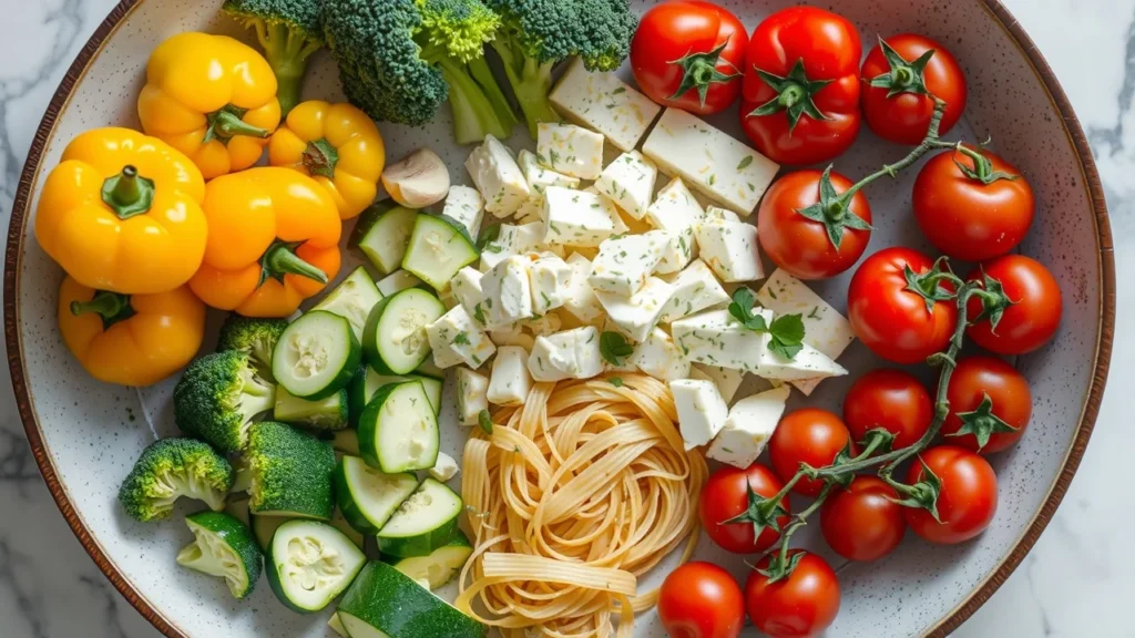 Ingredients for Baked Feta Pasta Creamy baked feta cheese pasta with roasted vegetables