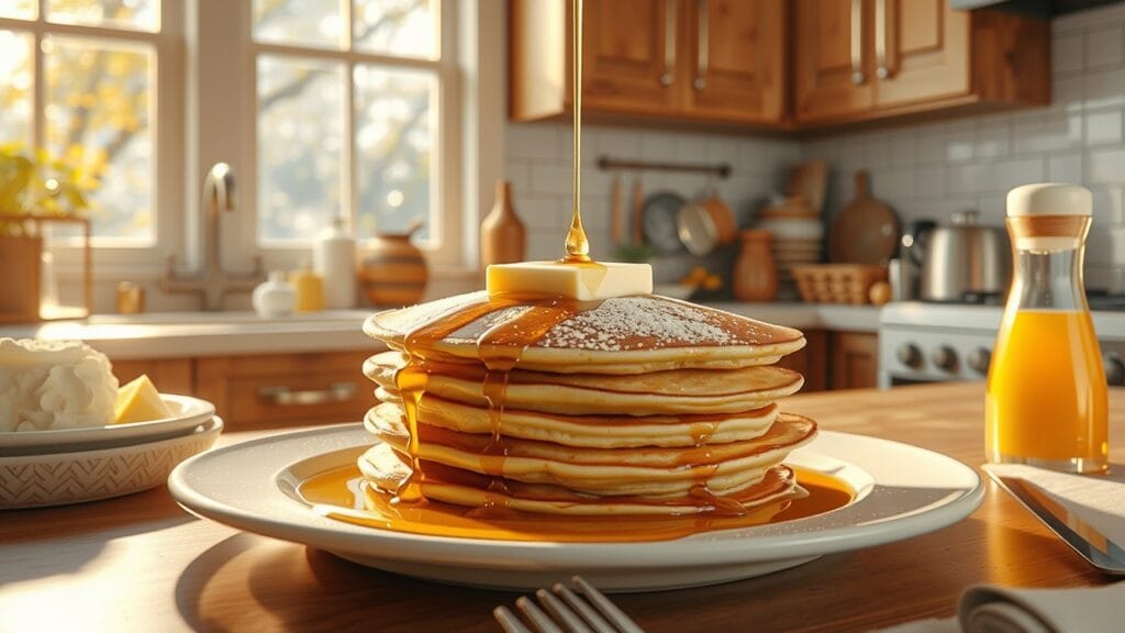 A stack of golden pancakes with syrup and butter