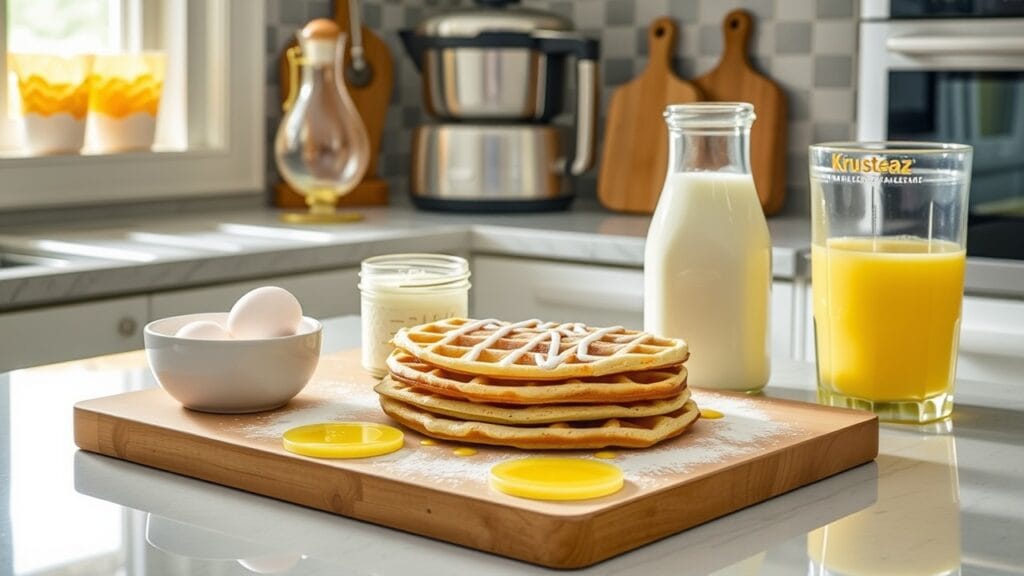 An organized display of ingredients for making waffles, including a box of Krusteaz Pancake Mix, a glass of milk, two eggs, a bowl of melted butter, and a whisk on a wooden cutting board in a bright kitchen.