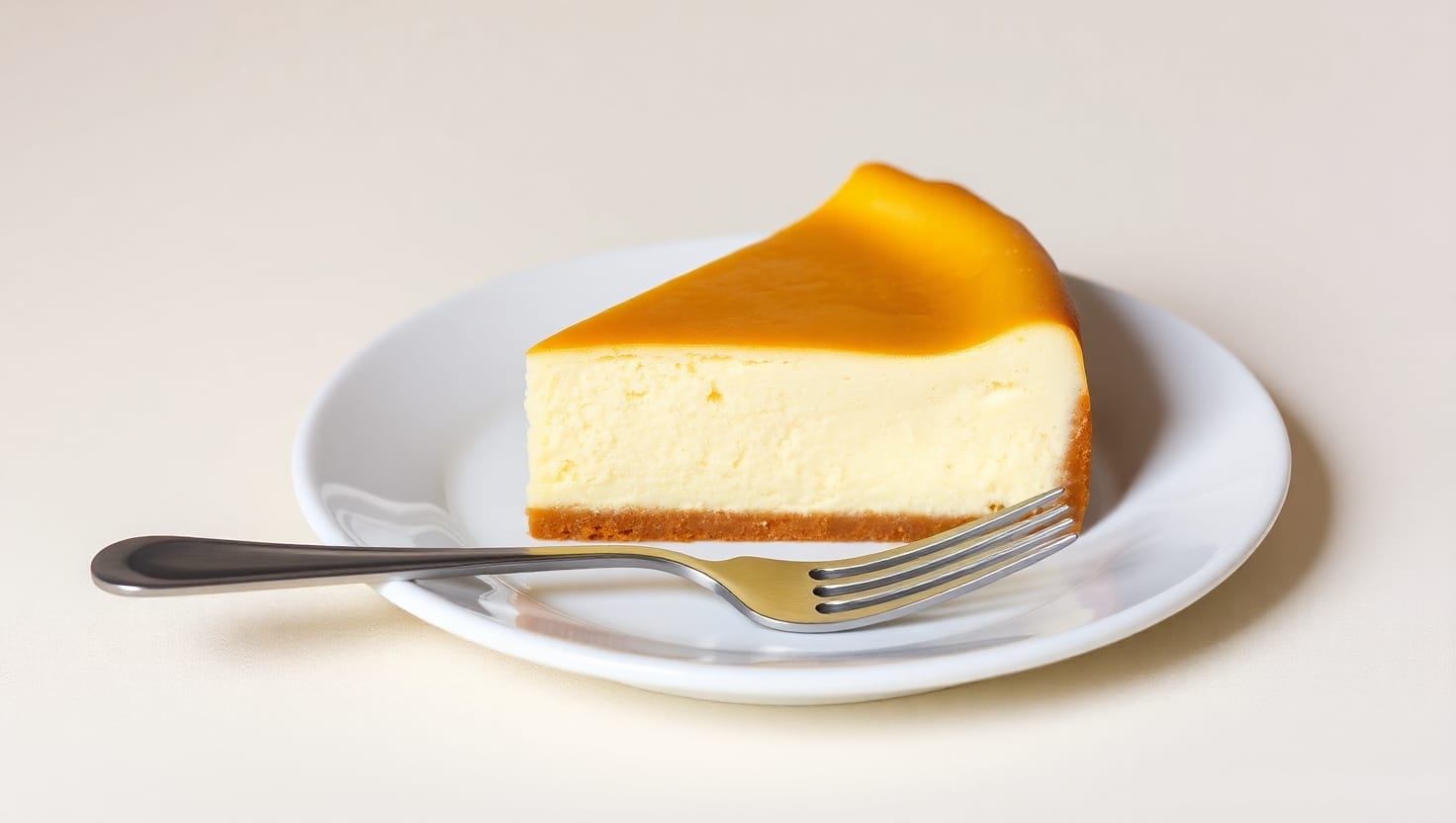 Slice of classic cheesecake on a plate.