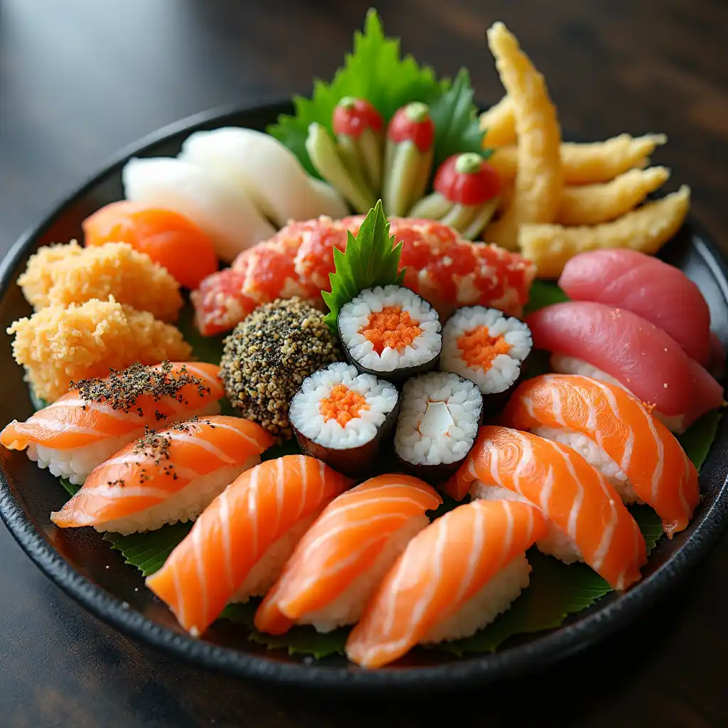 Platter of Japanese dishes including sushi, tempura, and sashimi.