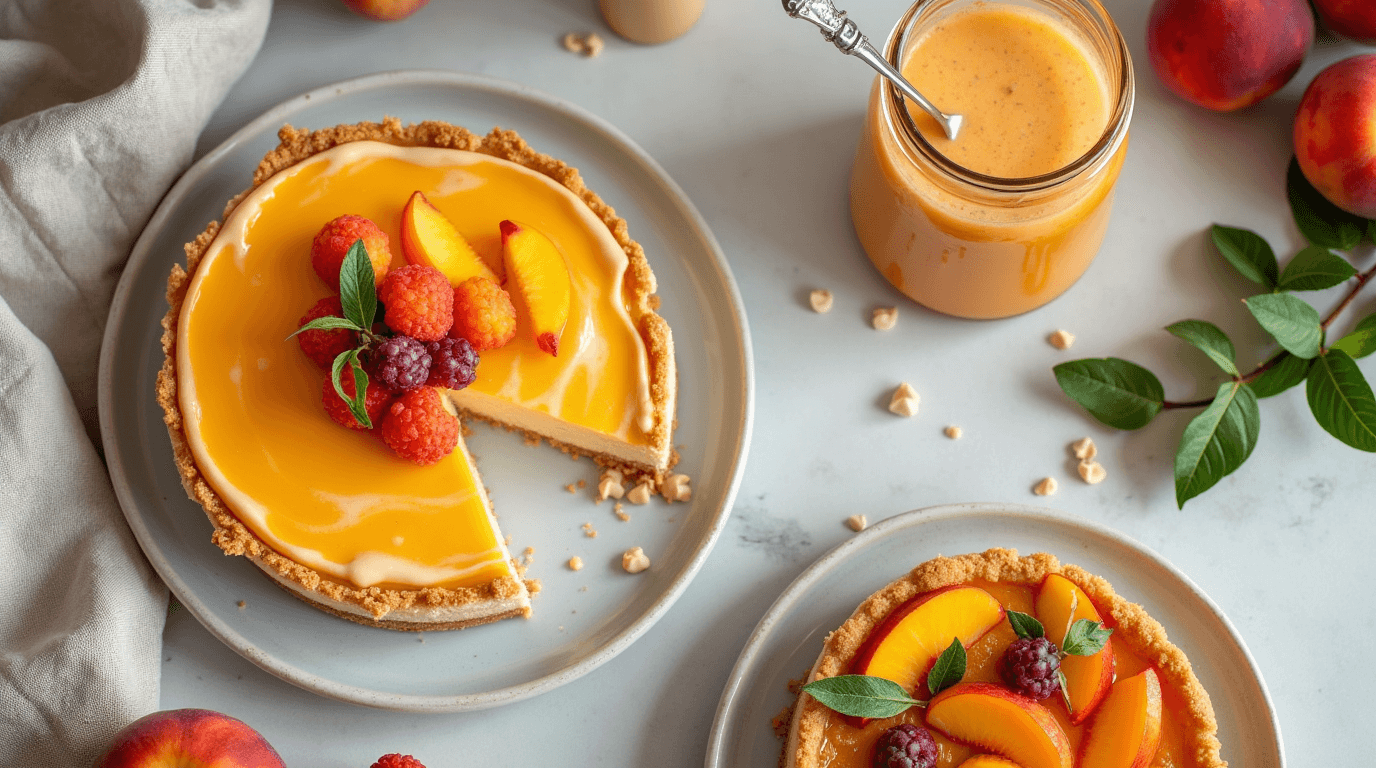 A kitchen table with a variety of no-bake peach desserts surrounded by fresh peaches and summer decorations.