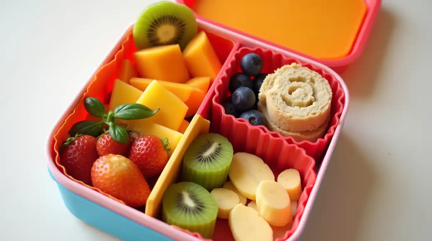 Colorful bento box with toddler-friendly foods.