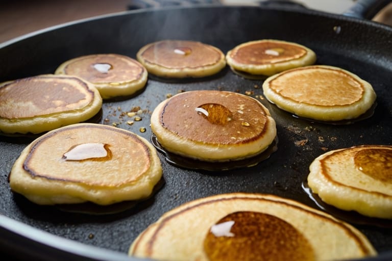 Pancakes cooking on a griddle.