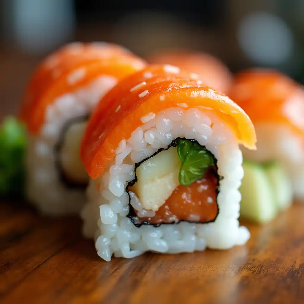 Close-up of a sushi roll.