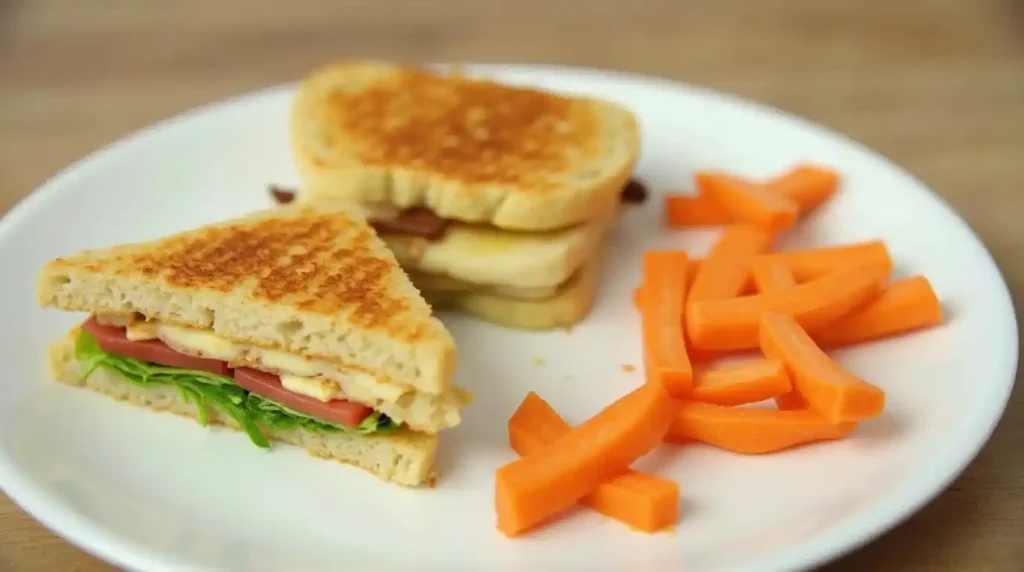 Fun-shaped sandwich with carrot sticks and apple slices.