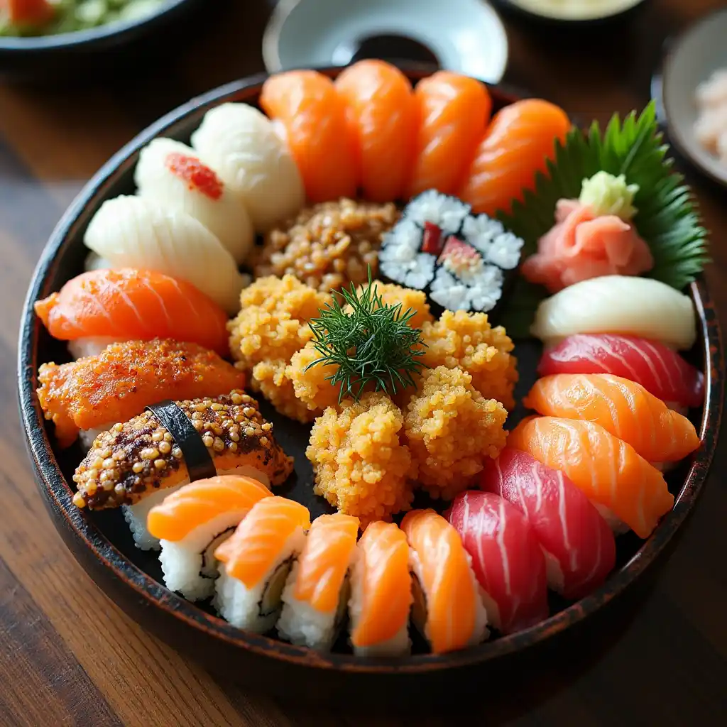 Platter of Japanese dishes including sushi, tempura, and sashimi.